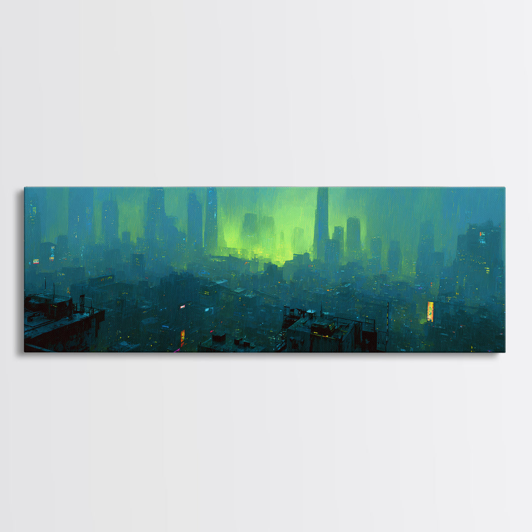 Dystopian Moon over Dense Rooftops Framed Canvas Print, Cyberpunk Art, Blue Wall Art, Living Room Decor, Fine Art, Neon, CYB-3x1-82