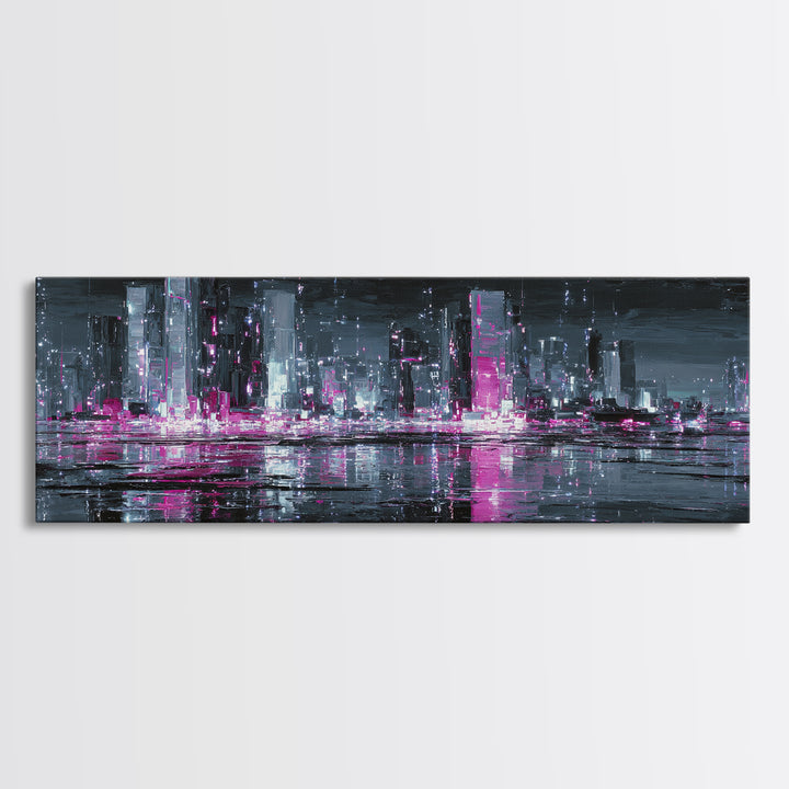 Neon Skyline Reflected Canvas Print, Cyberpunk Art, Japanese Art, Living Room Decor, Abstract Art, Neon, Cyberpunk Tarot, CYB-3x1-86