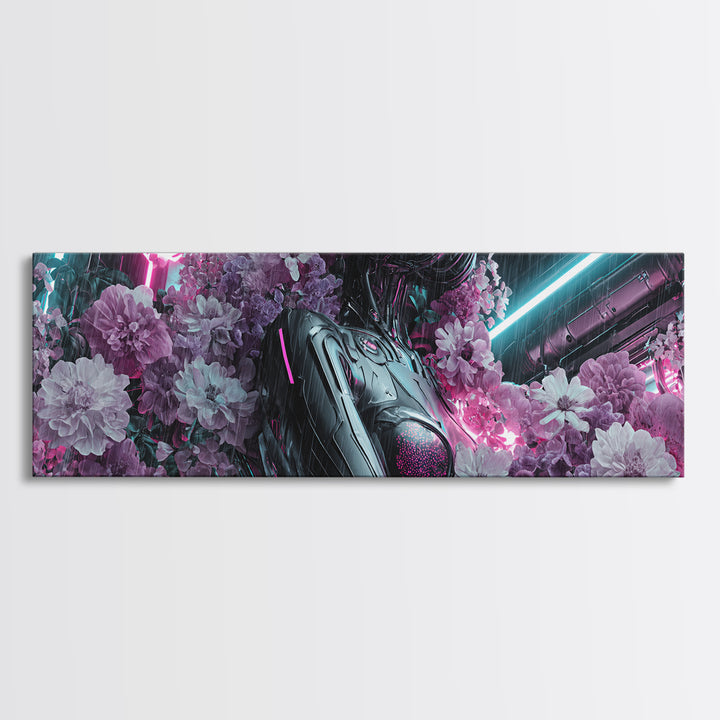 Android Woman with Glowing Circuitry and Flowers Canvas Print, Cyberpunk Art, Digital Art, Living Room Decor, Fine Art, Neon, CYB-3x1-91