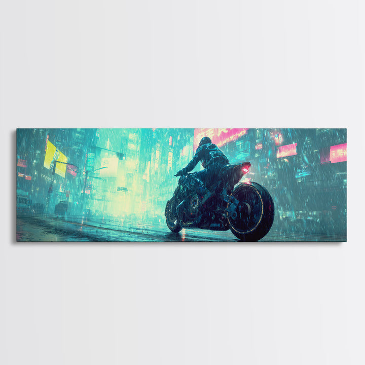 Motorcycle Rider under Holographic Signs Canvas Print, Cyberpunk Art, Printable Wall Art, Living Room Decor, Fine Art, Neon, CYB-3x1-92