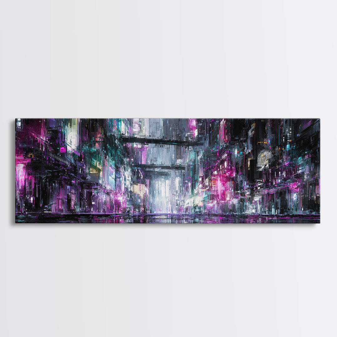 Rain Soaked Alley Canvas Print, Cyberpunk Art, Textured Painting, Living Room Decor, Abstract Art, Neon, Digital Wall Art, CYB-3x1-96