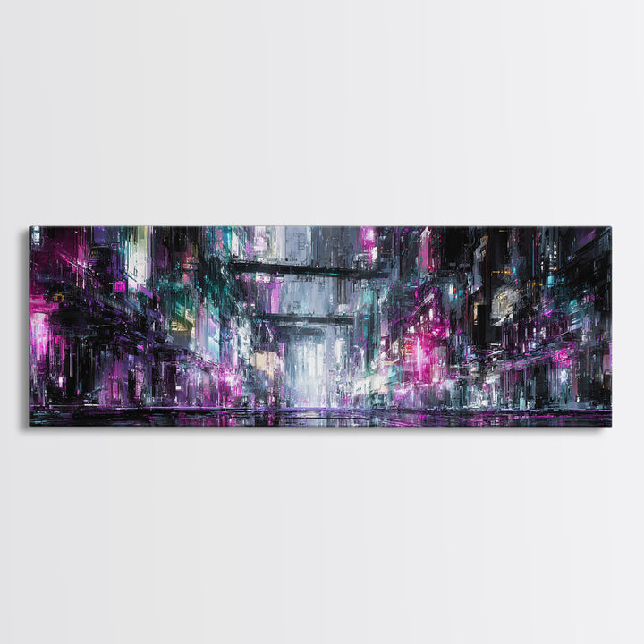 Rain Soaked Alley Canvas Print, Cyberpunk Art, Textured Painting, Living Room Decor, Abstract Art, Neon, Digital Wall Art, CYB-3x1-96