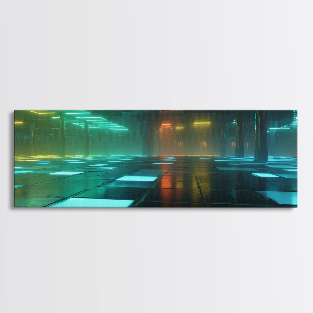 Retro Arcade Dystopia Canvas Print, Cyberpunk Art, Minimalist Poster, Living Room Decor, Fine Art, Neon, Textured Painting, CYB-3x1-98