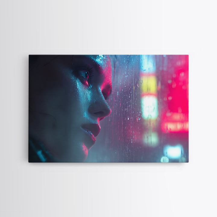 Ai Mask Portrait Framed Canvas Print, Cyberpunk Art, Wall Art, Living Room Decor, Oil Painting, Neon, Abstract Art, CYB-3x2-100