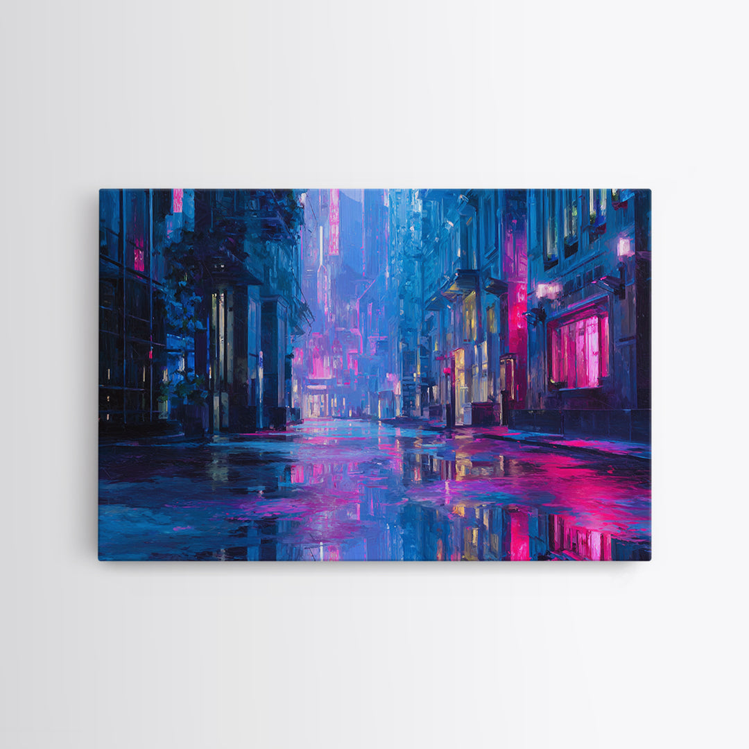 Rain Soaked Alley Canvas Print, Cyberpunk Art, Digital Art Print, Living Room Decor, Fine Art, Neon, Statement Artwork, CYB-3x2-12