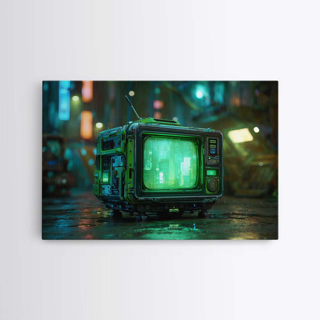 Retro Arcade Dystopia Framed Canvas Print, Cyberpunk Art, Abstract Art, Living Room Decor, Fine Art, Neon, Urban Wall Art, CYB-3x2-14