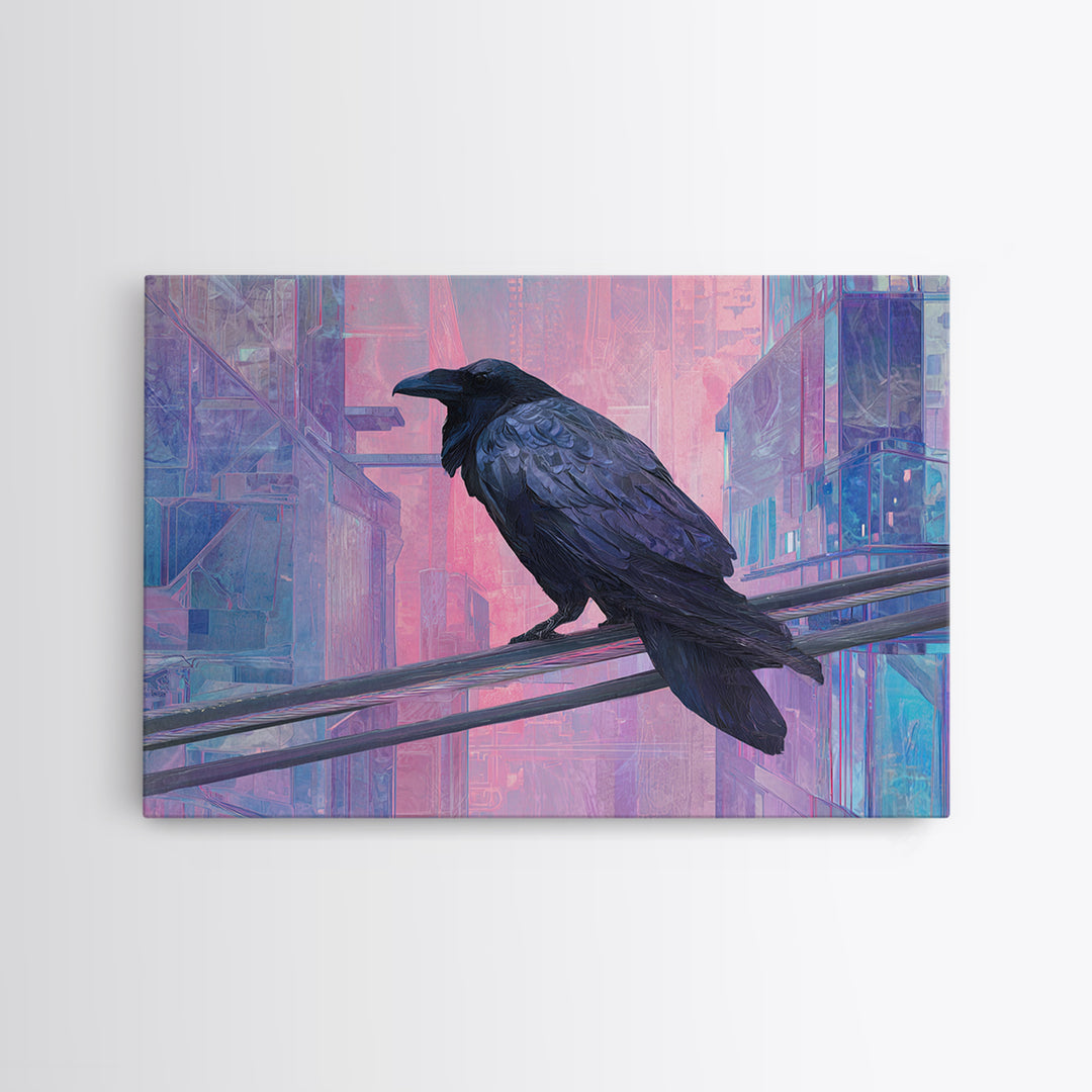 Cybernetic Raven Perched on a Cable Framed Canvas Print, Cyberpunk Art, Digital Download Art, Living Room Decor, Fine Art, Neon, CYB-3x2-15