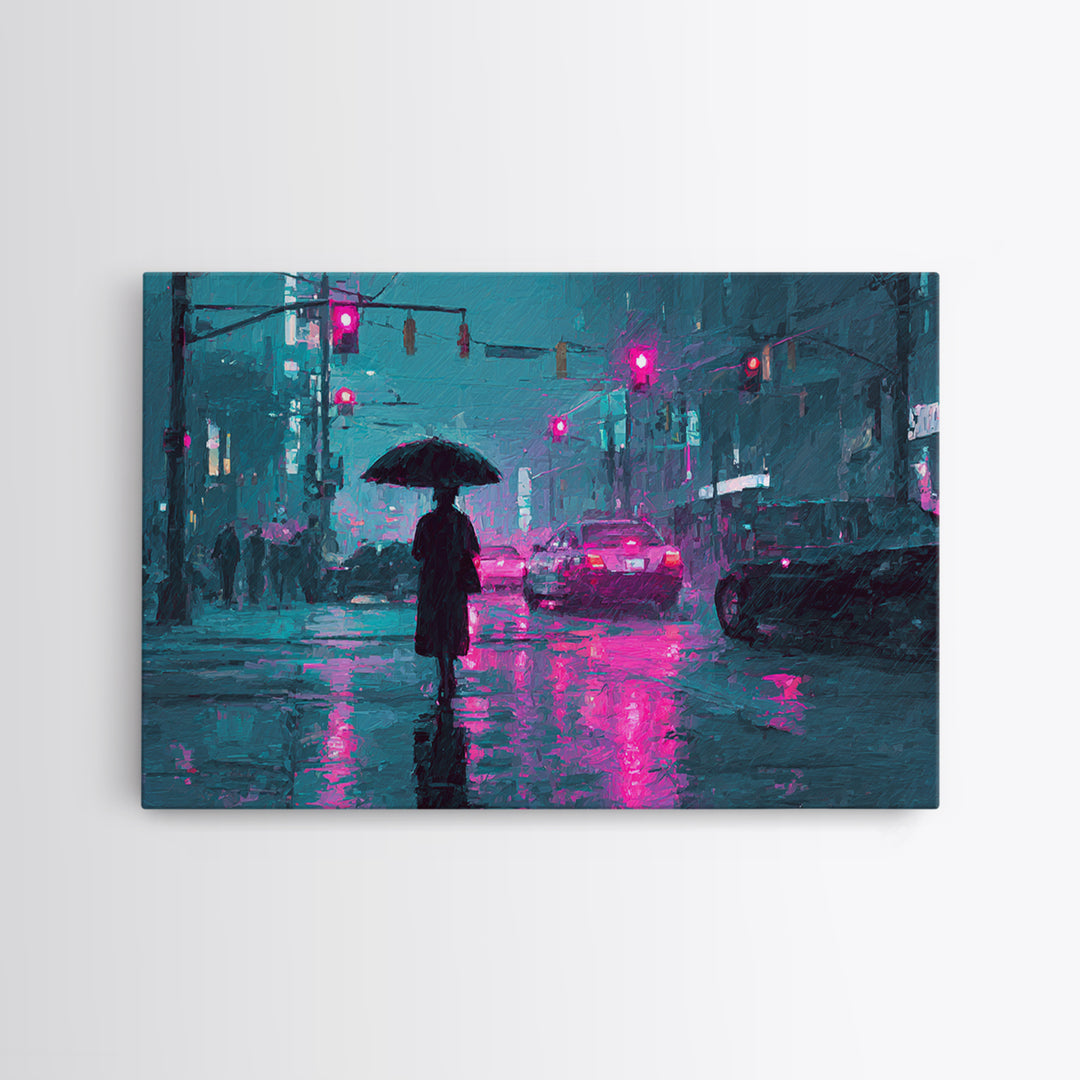 Glowing Umbrella Figure Framed Canvas Print, Cyberpunk Art, Statement Artwork, Living Room Decor, Fine Art, Neon, Art Print, CYB-3x2-19