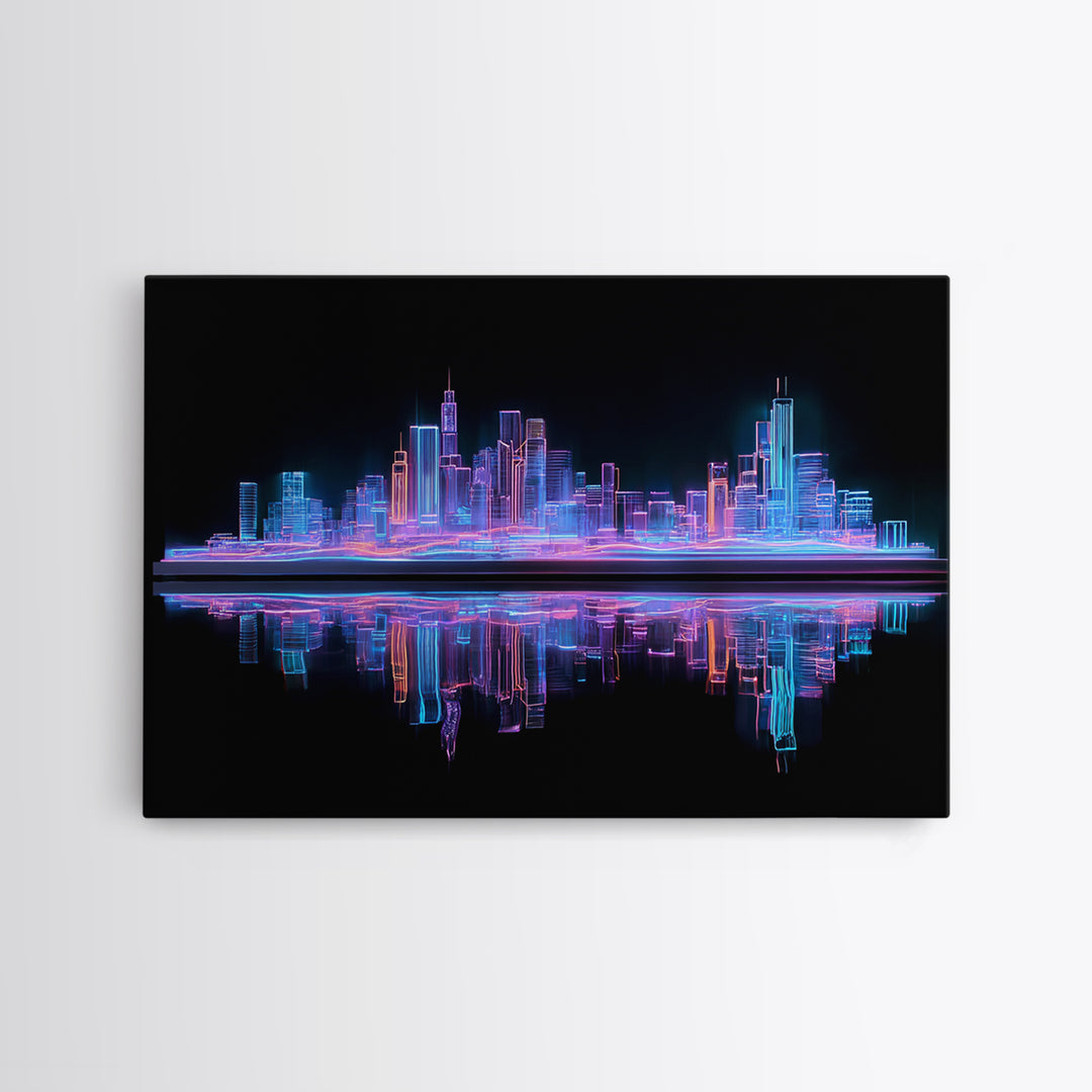 Neon Skyline Reflected Framed Canvas Print, Cyberpunk Art, Gothic Decor, Living Room Decor, Abstract Art, Neon, CYB-3x2-2