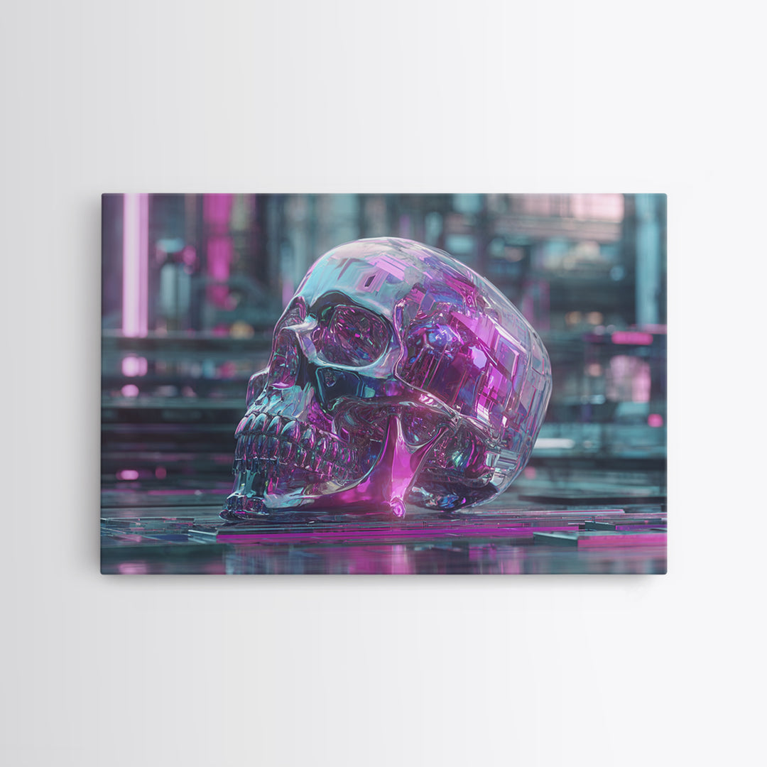 Cyberpunk Skull with Chrome and Violet Light Framed Canvas Print, Cyberpunk Art, Urban Wall Art, Living Room Decor, Neon, CYB-3x2-24