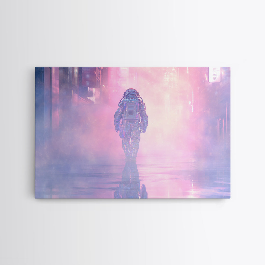 Astronaut Street Wanderer Framed Canvas Print, Cyberpunk Art, Gallery Decor, Living Room Decor, Fine Art, Neon, Wall Art, CYB-3x2-27