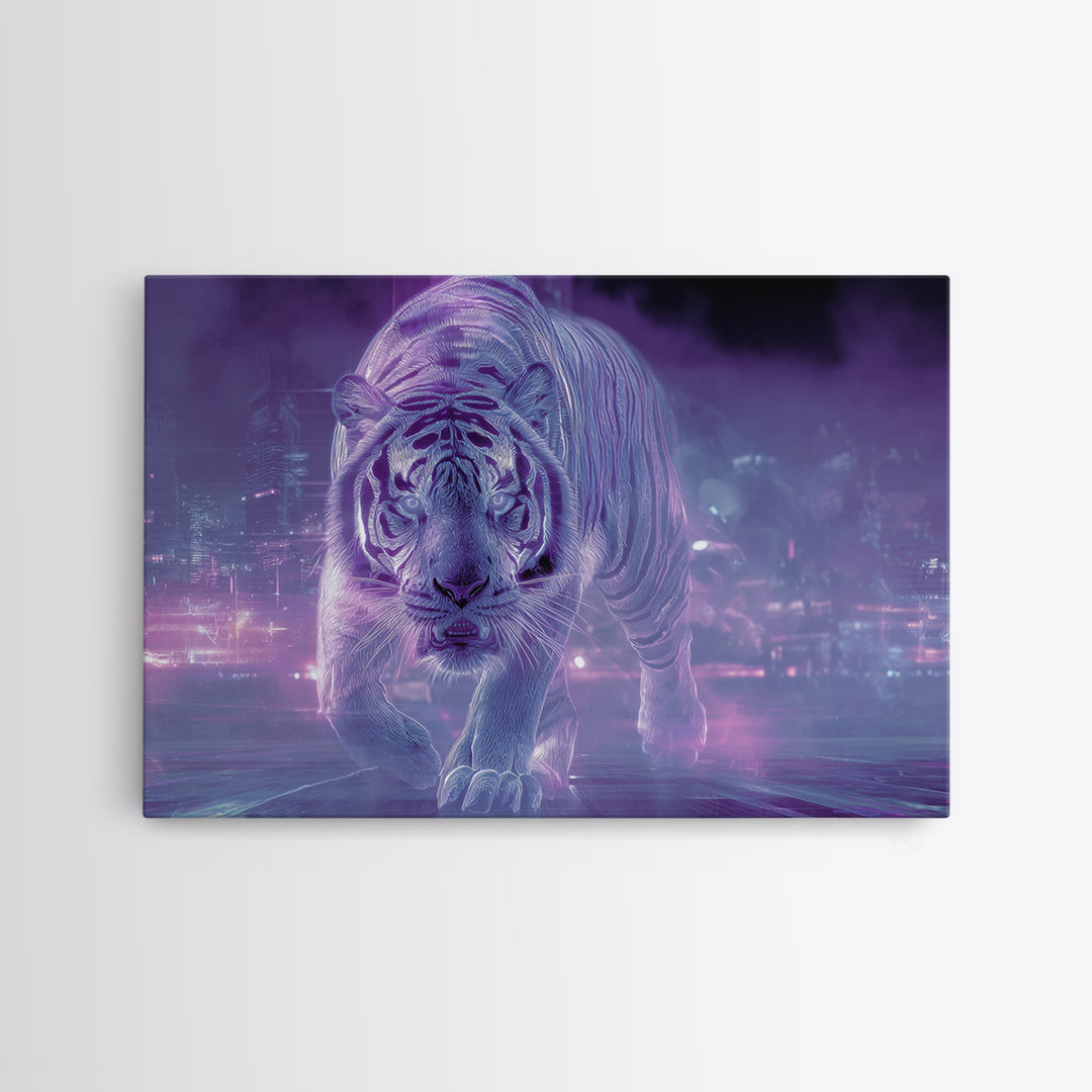 Neon Tiger Emerging from Digital Fog Canvas Print, Cyberpunk Art, Fantasy Art, Living Room Decor, Oil Painting, Neon, CYB-3x2-37