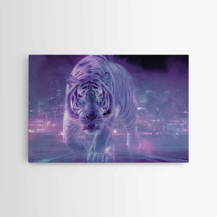 Neon Tiger Emerging from Digital Fog Canvas Print, Cyberpunk Art, Fantasy Art, Living Room Decor, Oil Painting, Neon, CYB-3x2-37