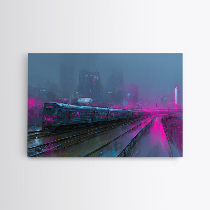 City Train Rushing Through Pink Electric Haze Canvas Print, Cyberpunk Art, Modern Wall Decor, Living Room Decor, Neon, CYB-3x2-41