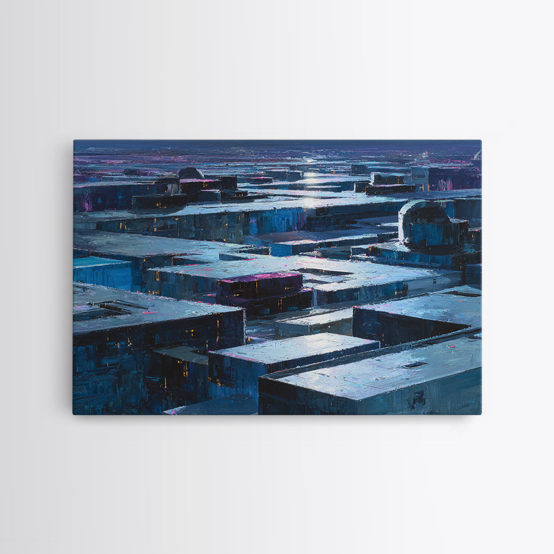 Dystopian Moon over Dense Rooftops Framed Canvas Print, Cyberpunk Art, Cyberpunk Decor, Living Room Decor, Fine Art, Neon, CYB-3x2-46