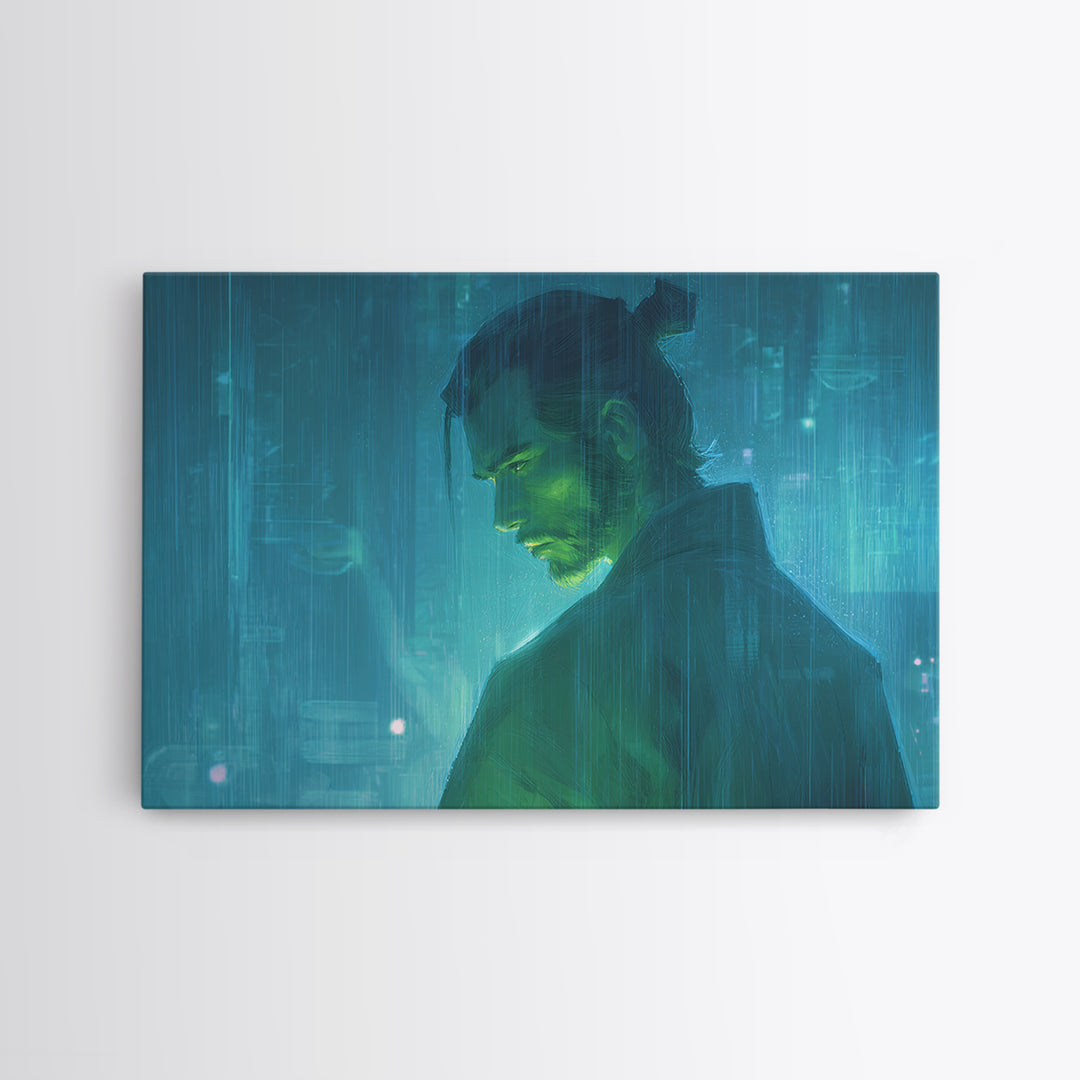 Neon Samurai Portrait Framed Canvas Print, Cyberpunk Art, Minimalist Poster, Living Room Decor, Fine Art, Neon, CYB-3x2-5