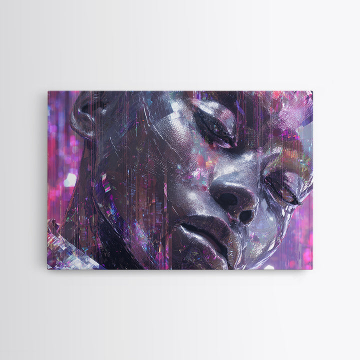 Ai Mask Portrait Canvas Print, Cyberpunk Art, Cyberpunk Helmet, Living Room Decor, Fine Art, Neon, Textured Painting, CYB-3x2-52