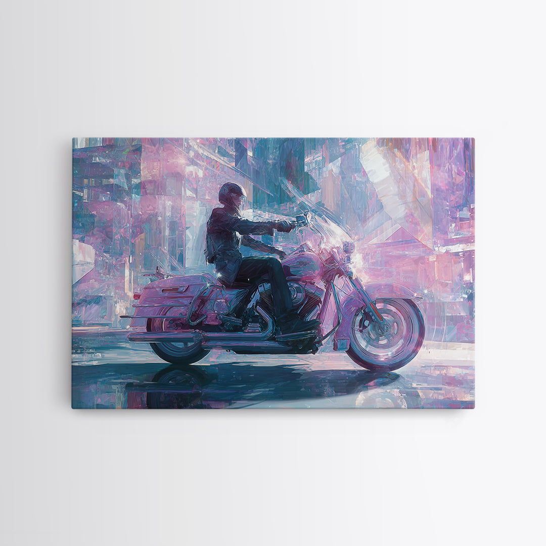 Motorcycle Rider under Holographic Signs Canvas Print, Cyberpunk Art, Room Decor, Living Room Decor, Neon 556, Cyberpunk, CYB-3x2-56