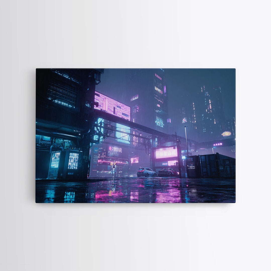 Retro Arcade Dystopia Canvas Print, Cyberpunk Art, Cool Wall Art, Living Room Decor, Neon, Gallery Decor, Neutral Decor, CYB-3x2-62
