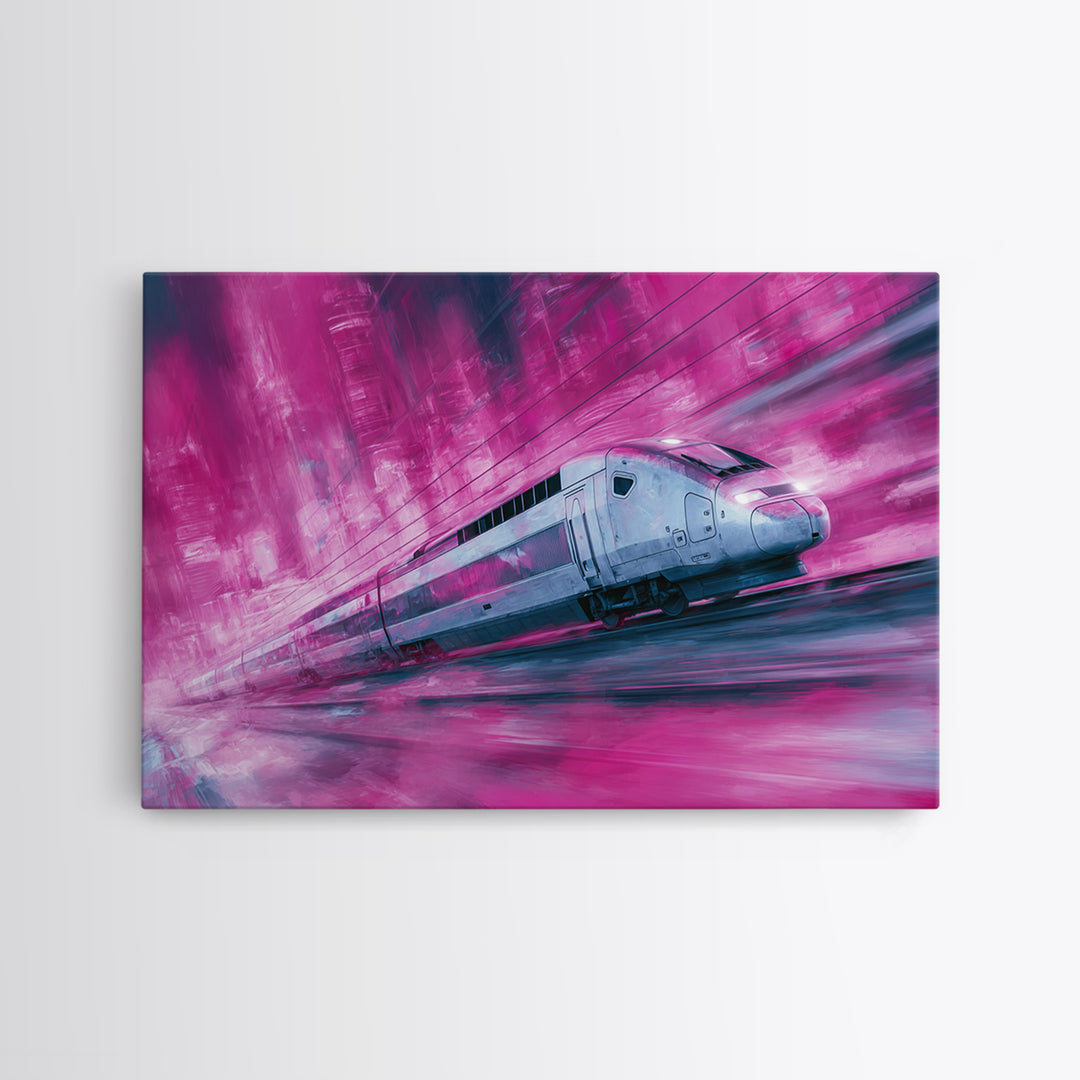 City Train Rushing Through Pink Electric Haze Canvas Print, Cyberpunk Art, Modern Wall Decor, Living Room Decor, Neon, CYB-3x2-65