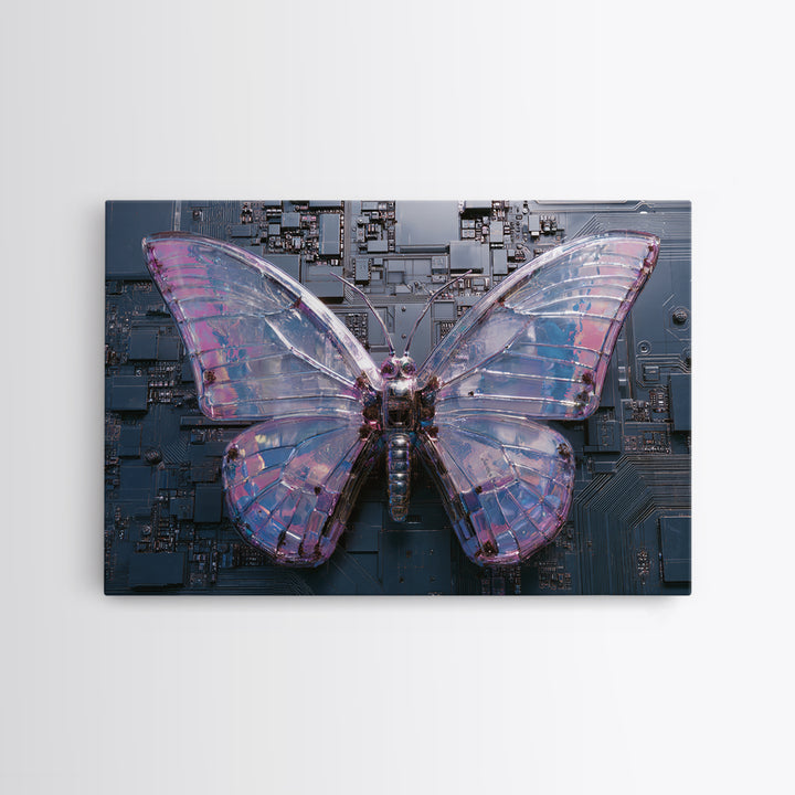 Holographic Butterfly over Black Metal Surface Framed Canvas Print, Cyberpunk Art, Modern Wall Decor, Living Room Decor, Neon, CYB-3x2-71
