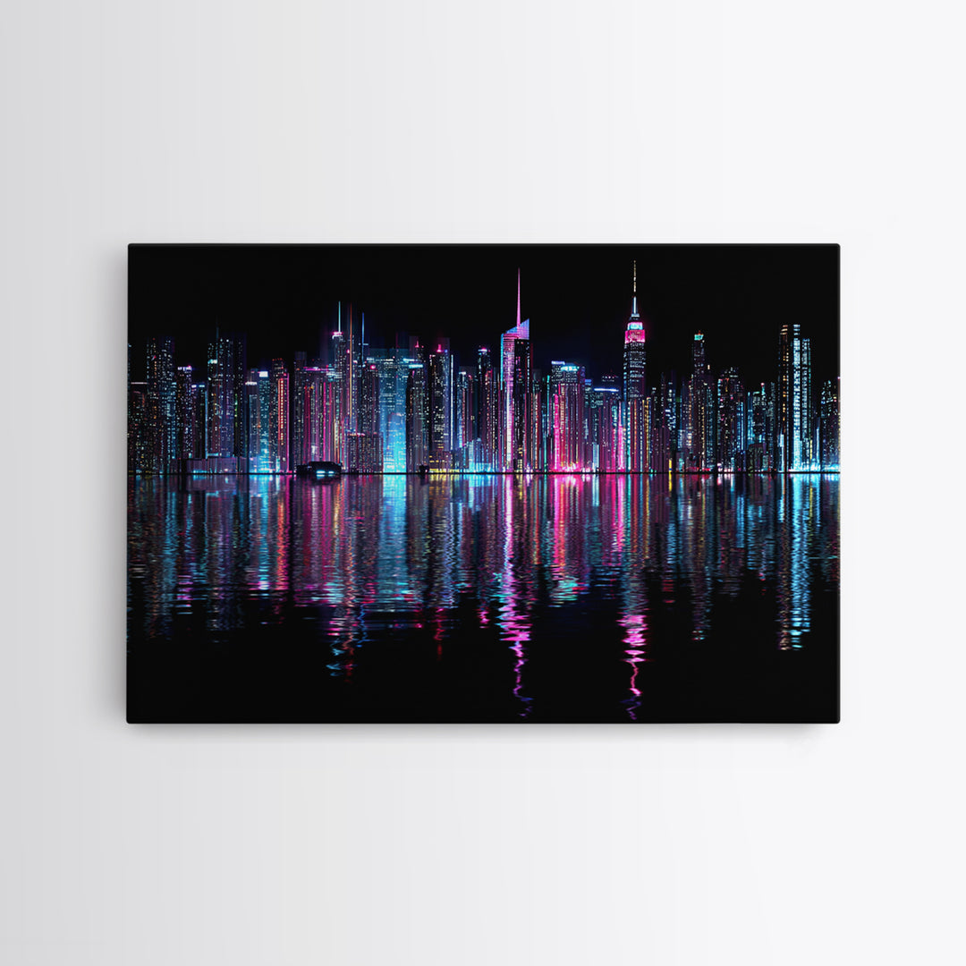 Neon Skyline Reflected Framed Canvas Print, Cyberpunk Art, Man Cave Decor, Living Room Decor, Fine Art, Neon, Fine Art Print, CYB-3x2-74