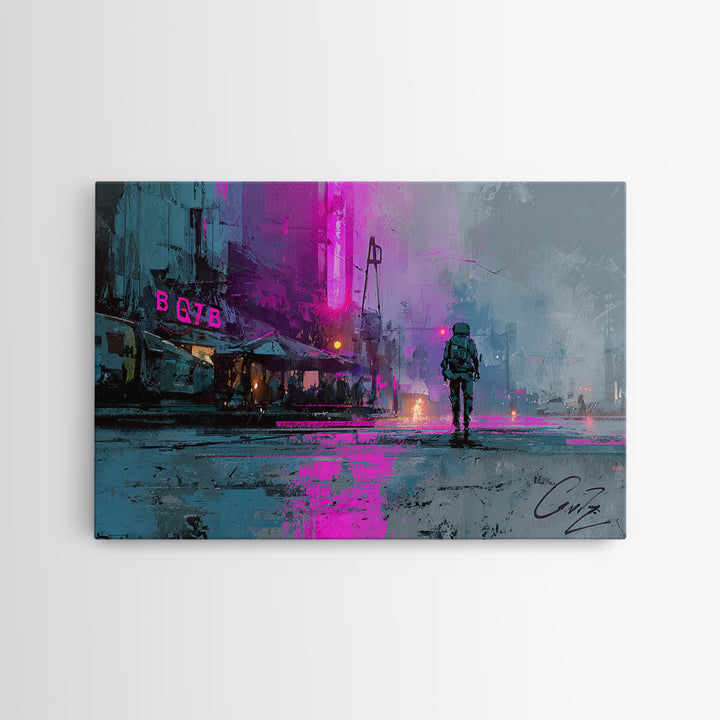Astronaut Street Wanderer Canvas Print, Cyberpunk Art, Art Print, Living Room Decor, Neon, Blue Wall Art, Cool Wall Art, CYB-3x2-75