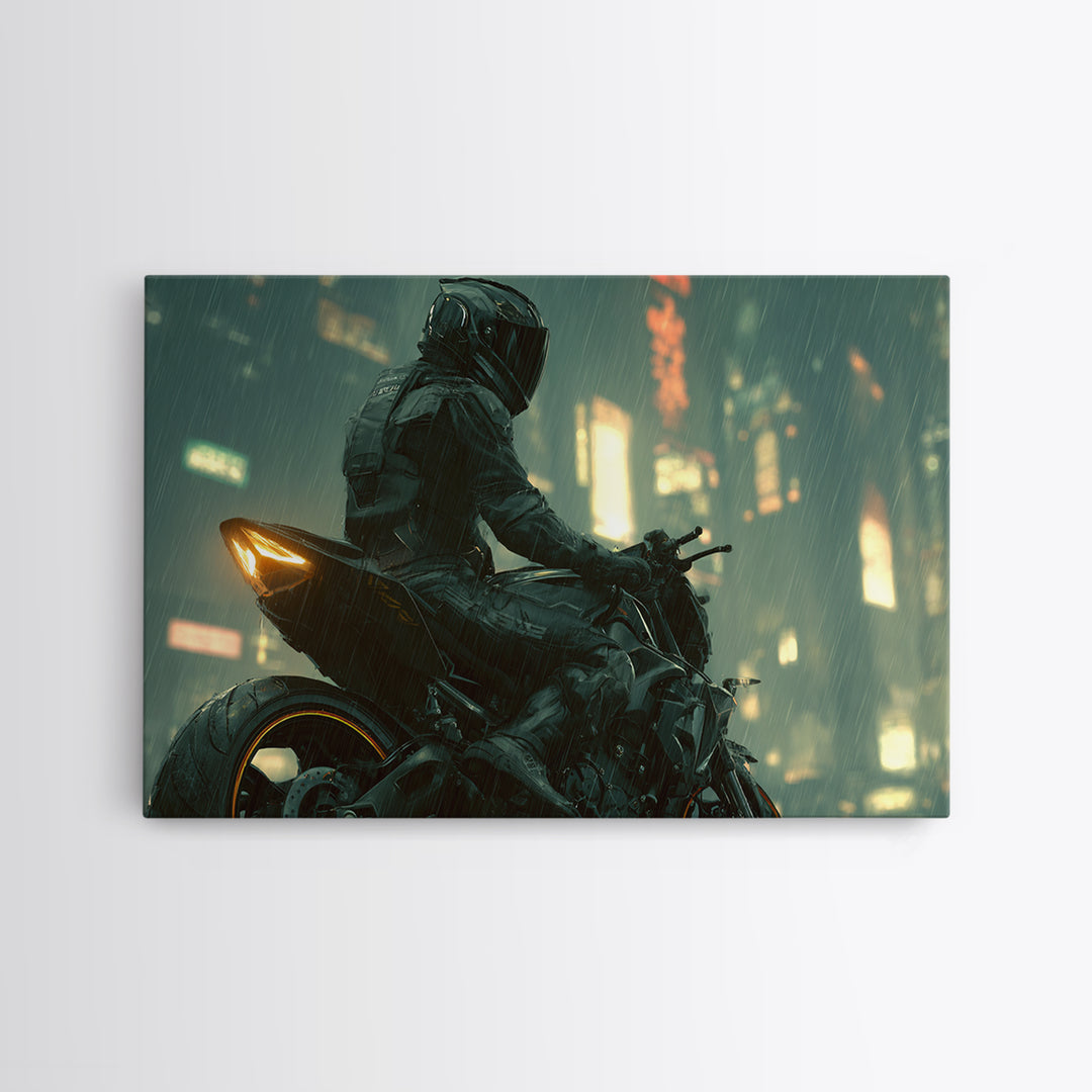 Motorcycle Rider under Holographic Signs Framed Canvas Print, Cyberpunk Art, Home Decor, Living Room Decor, Fine Art, Neon, CYB-3x2-80
