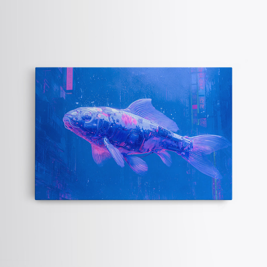 Cyberpunk Koi Swimming Through Electric Blue Water Framed Canvas Print, Cyberpunk Art, Fine Art Print, Living Room Decor, Neon, CYB-3x2-81
