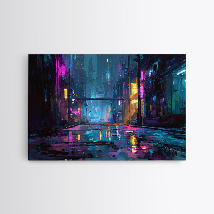 Rain Soaked Alley Canvas Print, Cyberpunk Art, Poster, Living Room Decor, Fine Art, Neon, Modern Wall Art, Japanese Art, CYB-3x2-84