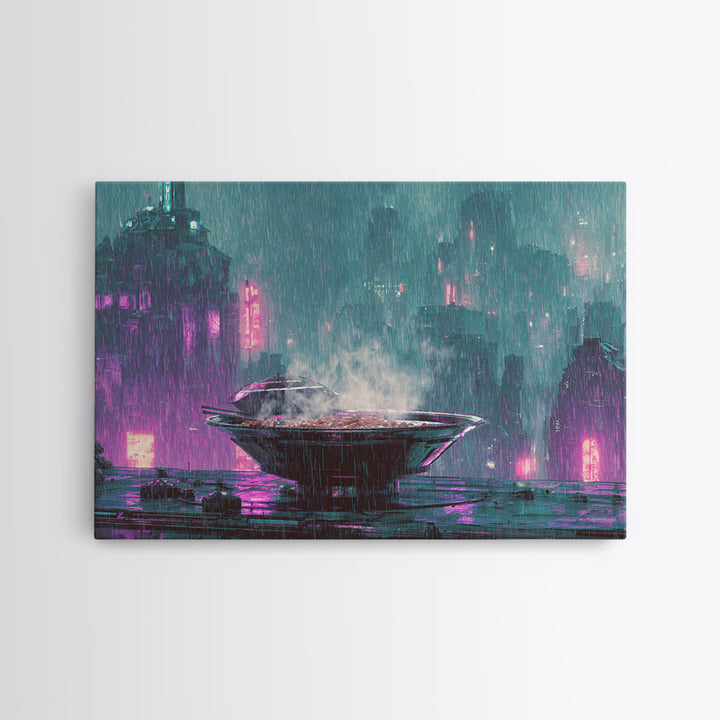 Futuristic Ramen Bowl Canvas Print, Cyberpunk Art, Wall Decor, Living Room Decor, Fine Art, Neon, Japanese Art, Modern Art, CYB-3x2-88