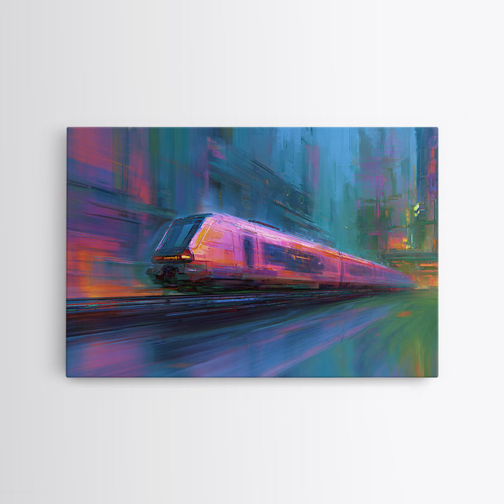 City Train Rushing Through Pink Electric Haze Canvas Print, Cyberpunk Art, Boho Decor, Living Room Decor, Oil Painting, Neon, CYB-3x2-89