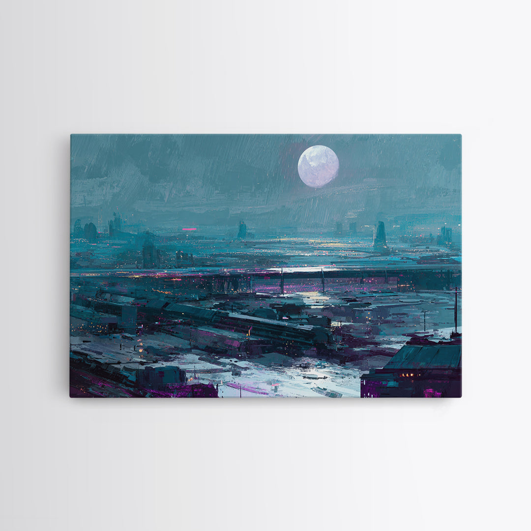 Dystopian Moon over Dense Rooftops Canvas Print, Cyberpunk Art, Cyberpunk Helmet, Living Room Decor, Abstract Art, Neon, CYB-3x2-94