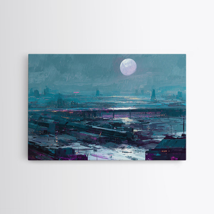 Dystopian Moon over Dense Rooftops Canvas Print, Cyberpunk Art, Cyberpunk Helmet, Living Room Decor, Abstract Art, Neon, CYB-3x2-94