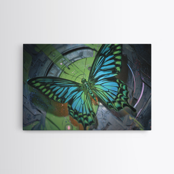 Holographic Butterfly over Black Metal Surface Framed Canvas Print, Cyberpunk Art, Gothic Decor, Living Room Decor, CYB-3x2-95