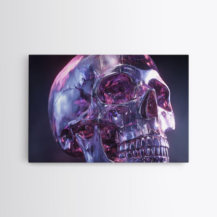 Cyberpunk Skull with Chrome and Violet Light Framed Canvas Print, Cyberpunk Art, Art Print, Living Room Decor, Fine Art, Neon, CYB-3x2-96