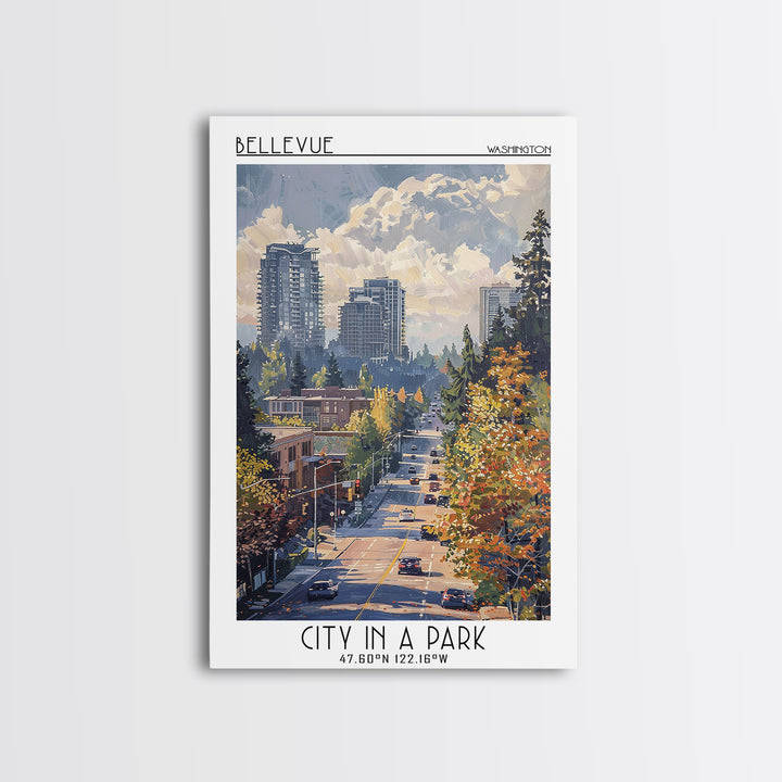 Bellevue Travel Poster, Framed Canvas Print, City Art Print, Travel Wall Art, Vintage Travel, Travel Art Print, Mid Century Wall Art