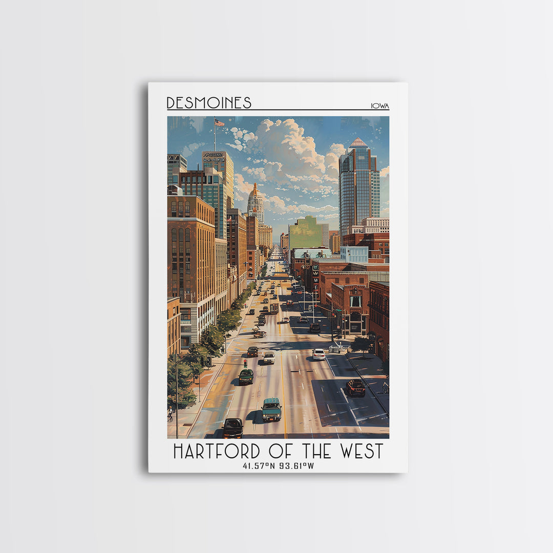 Des Moines Travel Poster, Framed Canvas Print, Travel Wall Decor, Minimalist Poster, Landscape Art, City Illustration, Travel Prints