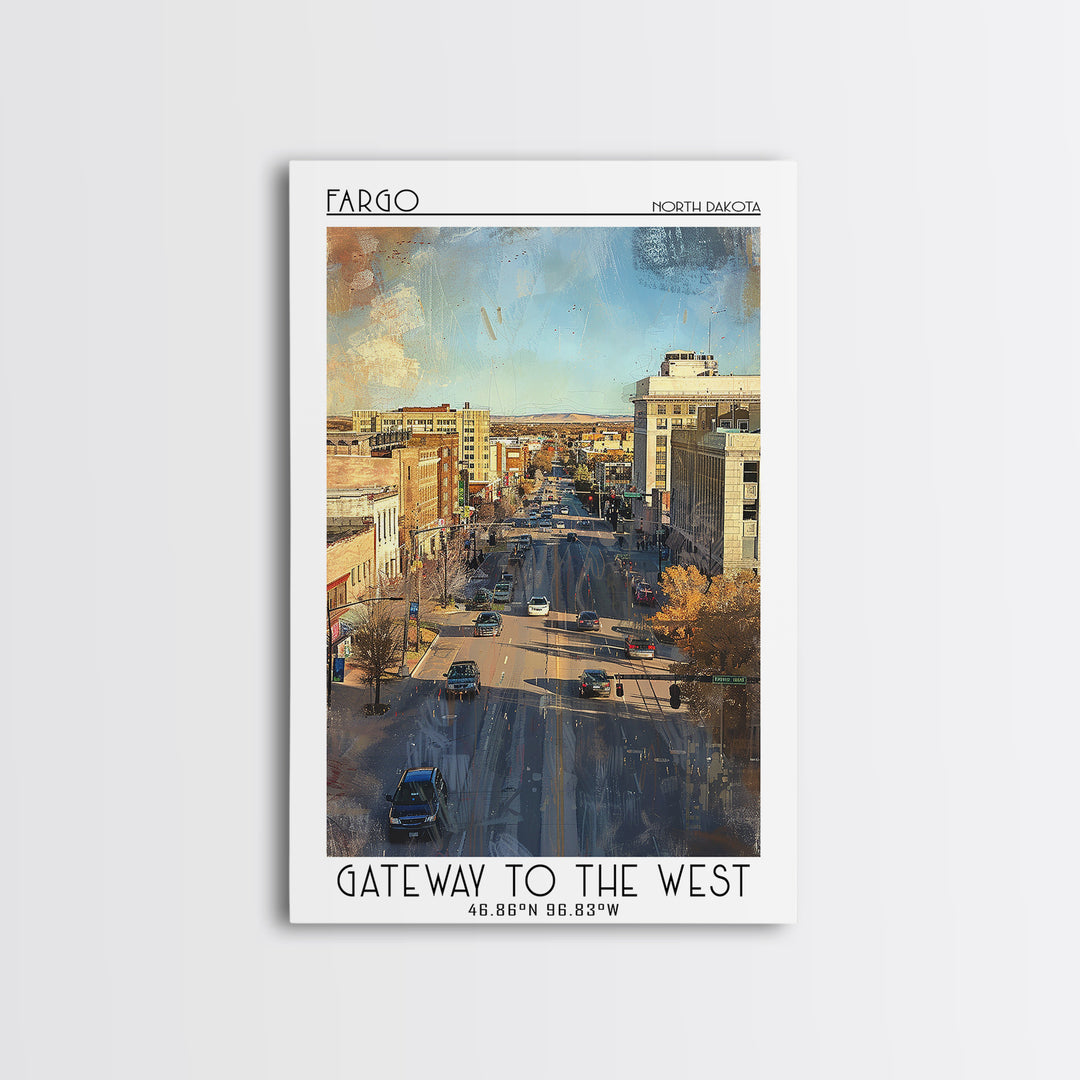 Fargo Travel Poster, Framed Canvas Print, Retro Travel Poster, City Wall Art, Travel Print, City Travel Poster, Watercolor Cityscape