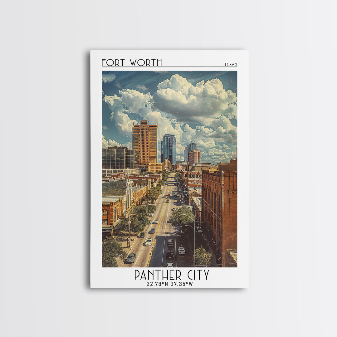 Fort Worth Travel Poster, Framed Canvas Print, Travel Wall Art, City Wall Art, Colorful Wall Art, City Illustration, Wanderlust Gift