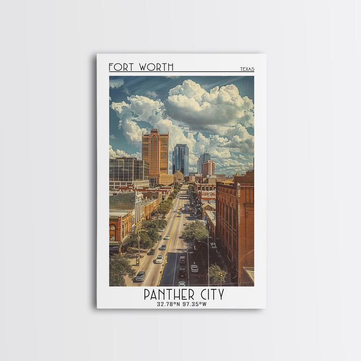 Fort Worth Travel Poster, Framed Canvas Print, Travel Wall Art, City Wall Art, Colorful Wall Art, City Illustration, Wanderlust Gift