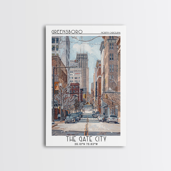 Greensboro Travel Poster, Framed Canvas Print, Retro Wall Art, Travel Print, Vintage Travel, Vintage Travel Print, City Illustration