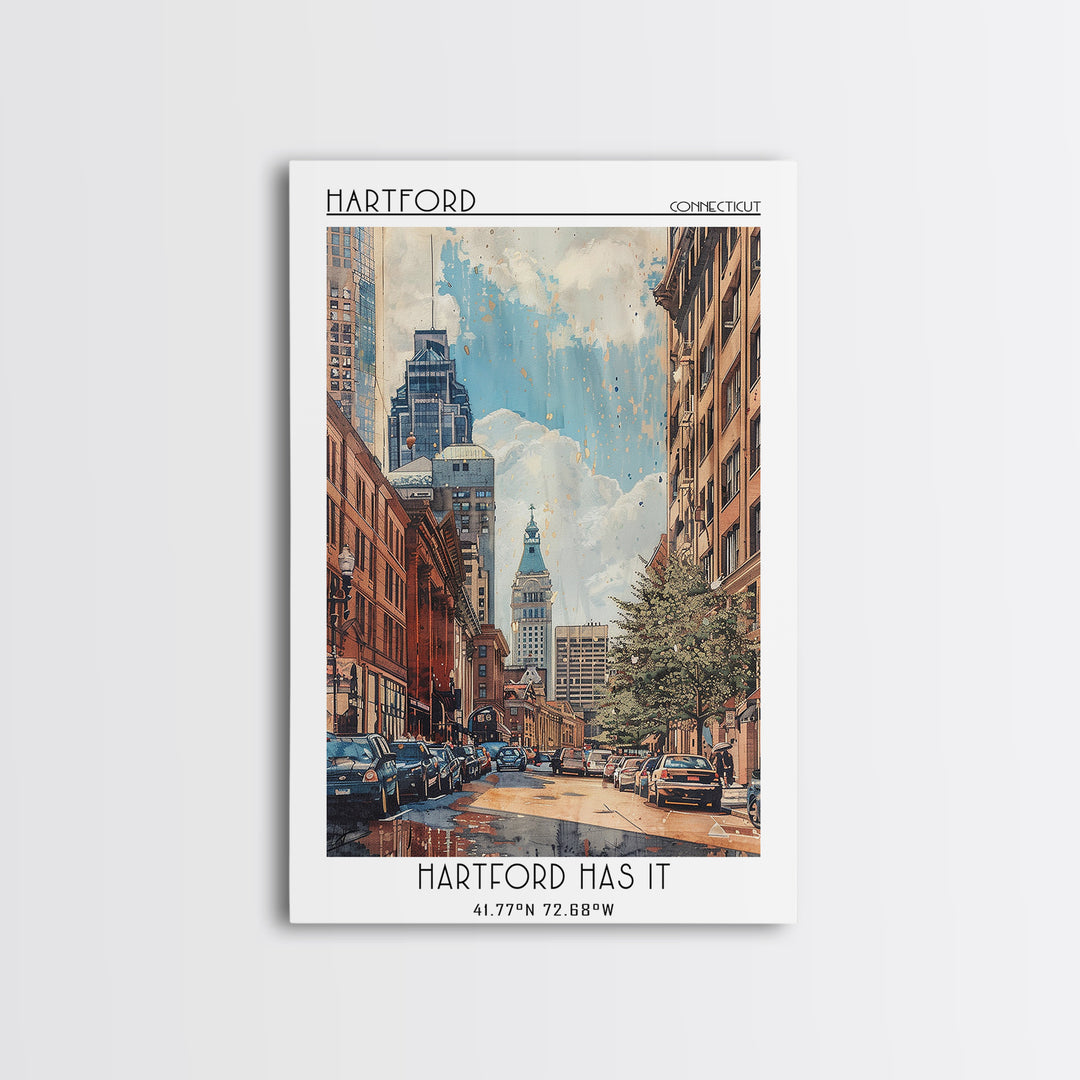 Hartford Travel Poster, Framed Canvas Print, Retro Travel Poster, City Wall Art, Vintage Travel Print, Poster Print, Wanderlust Gift