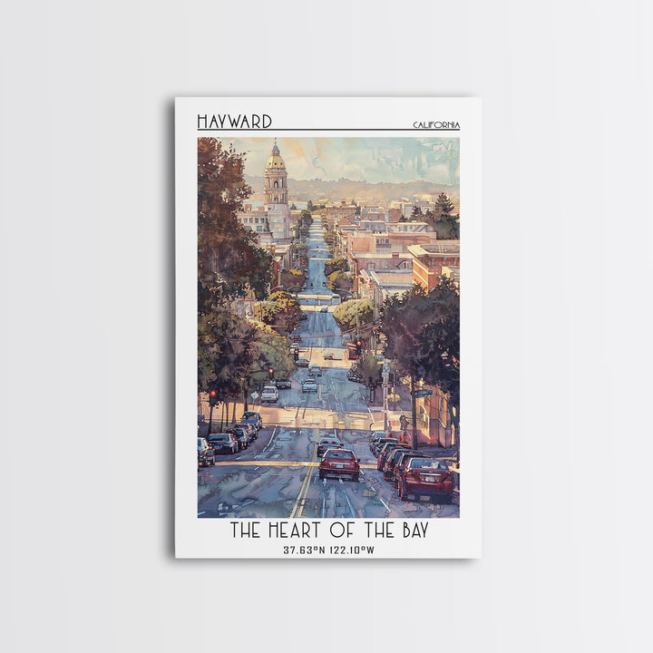 Hayward Travel Poster, Framed Canvas Print, City Travel Poster, Travel Wall Art, Retro Wall Art, Watercolor Cityscape, City Wall Art
