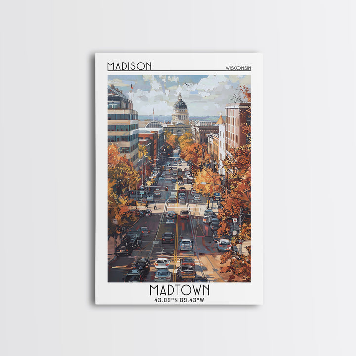 Madison Travel Poster, Framed Canvas Print, Travel Wall Art, City Wall Art, Retro Travel Print, City Art Print, Living Room Wall Art