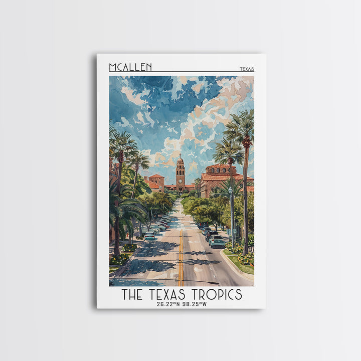 McAllen Travel Poster, Framed Canvas Print, Retro Travel Poster, City Wall Art, Modern Wall Decor, Retro Wall Art, Colorful Wall Art