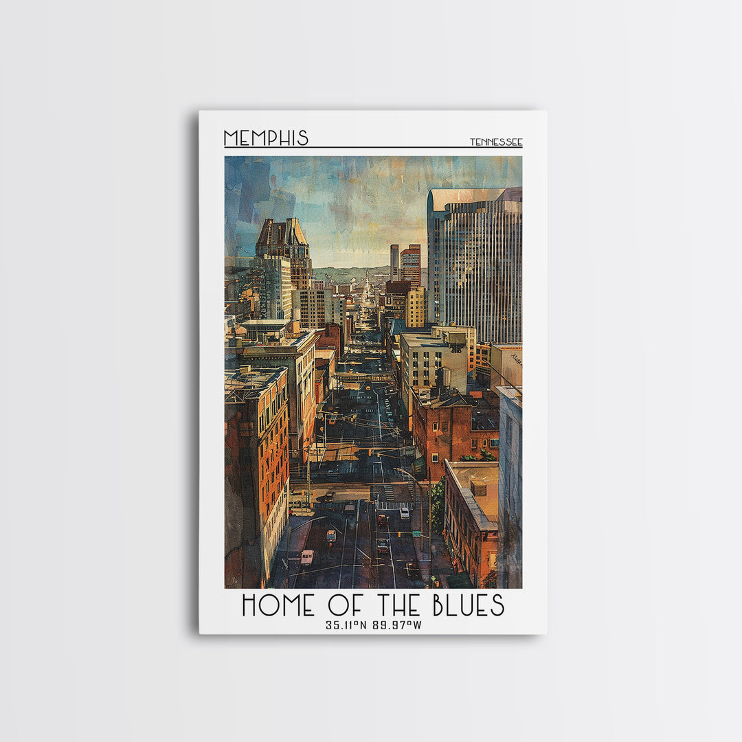 Memphis Travel Poster, Framed Canvas Print, City Art Print, Travel Wall Art, Travel Print, Watercolor Cityscape, Retro Travel Poster