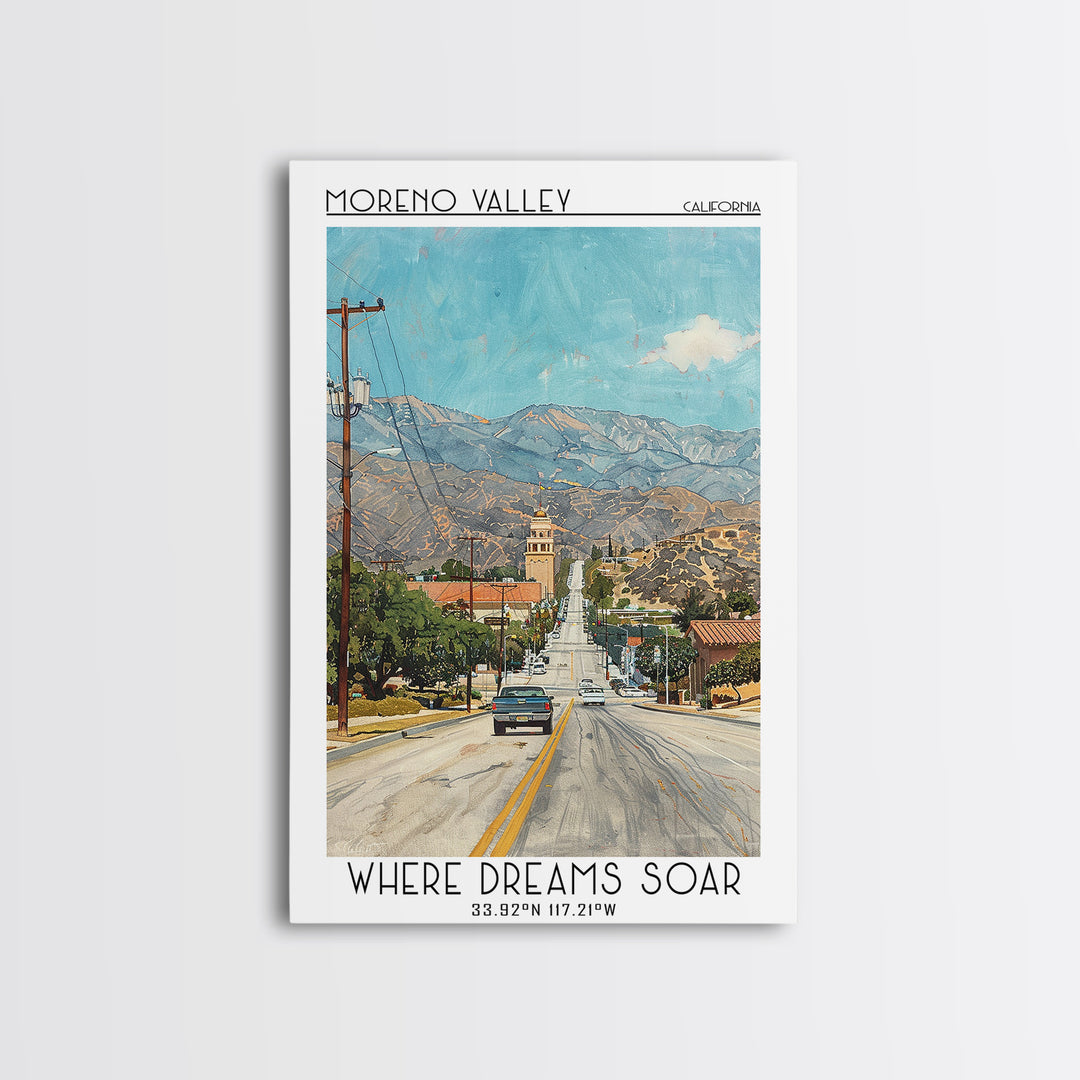 Moreno Valley Travel Poster, Framed Canvas Print, City Art Print, Travel Wall Art, Wall Art, City Travel Poster, Retro Travel Poster