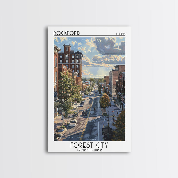 Rockford Travel Poster, Framed Canvas Print, Travel Wall Decor, Minimalist Poster, Travel Wall Art, Travel Prints, City Illustration