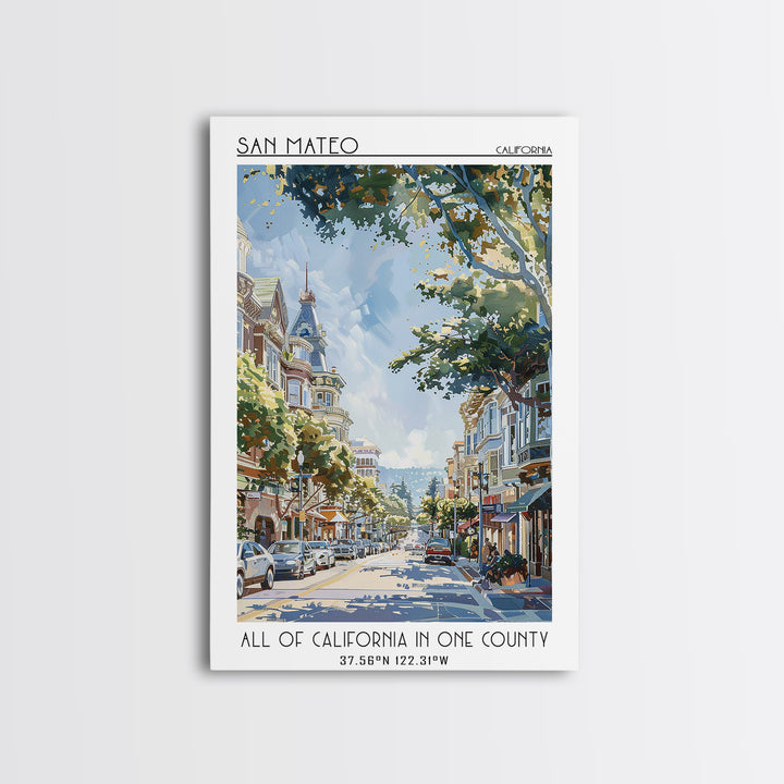 San Mateo Travel Poster, Canvas Print, Retro Wall Art, Travel Print, Fine Art Print, Watercolor Cityscape, Poster Art, Landscape Art